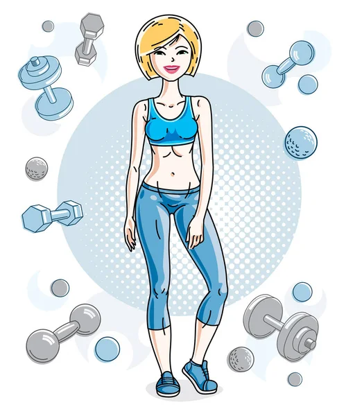 Joven Rubia Delgada Mujer Pie Sobre Fondo Simple Con Mancuernas — Vector de stock