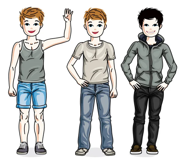 Diferentes Niños Lindos Pie Usando Ropa Casual Diferente — Vector de stock