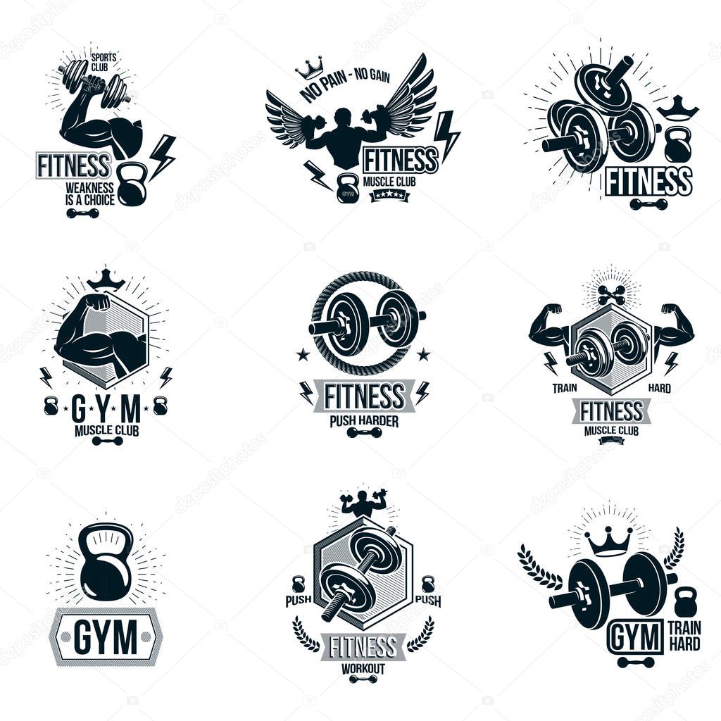 Weightlifting theme logotypes and inspirational leaflets collection
