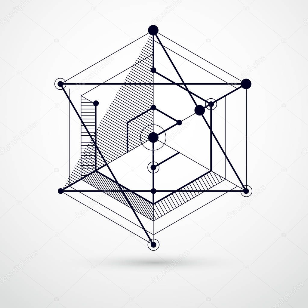 Abstract composition with simple geometric figures, symbols, art black and white background. 