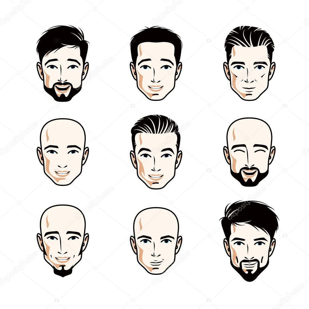 Set of men faces, human heads.