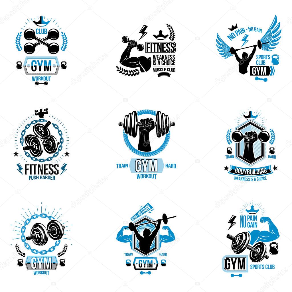 Weightlifting theme logotypes and inspirational leaflets collection