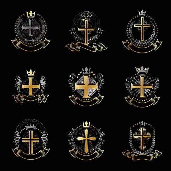 Set Christian Crosses Emblems Heraldic Coats Arms Decorative Logos Black — Stock Vector