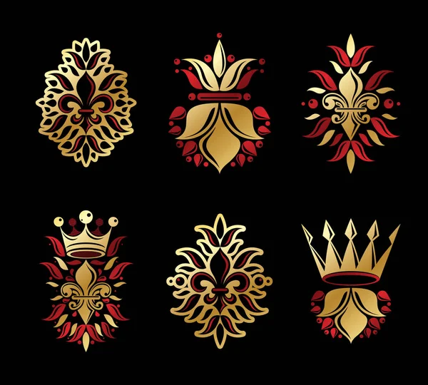 Set Heraldische Wapenschilden Lelie Bloemen Koninklijke Symbolen Bloemen Kronen Zwarte — Stockvector