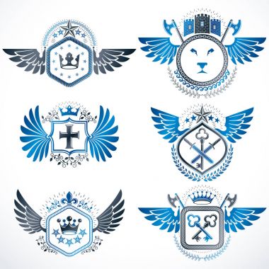 Vintage öğeler, monarch kron, pentagonal yıldız, Tophane, vahşi hayvanlar ile hanedan arma kümesi