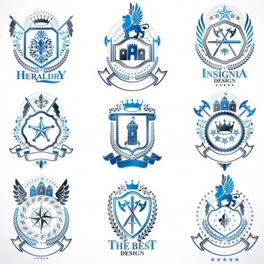 Vintage öğeler, Kraliyet kron bayrakları, yıldız, kuleleri, Tophane, dini ile hanedan arma kümesi haçlar