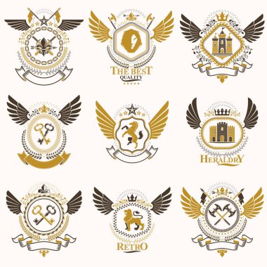 Vintage öğeler, monarch kron, pentagonal yıldız, Tophane, vahşi hayvanlar ile hanedan arma kümesi