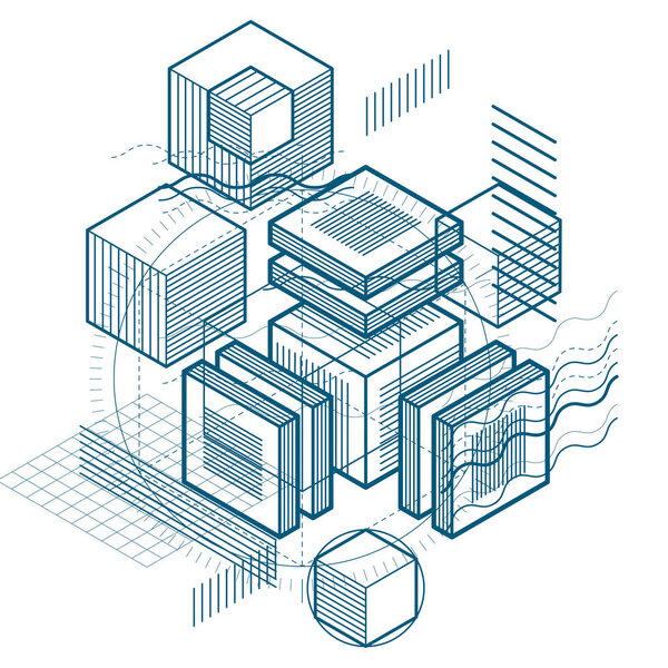 Isometric abstract background with lines and other different elements