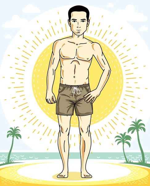 Hombre Posando Playa Tropical Pantalones Cortos — Archivo Imágenes Vectoriales