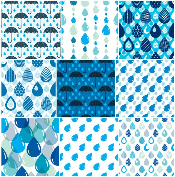 Set Rain Drops Umbrellas Seamless Patterns — Stock Vector