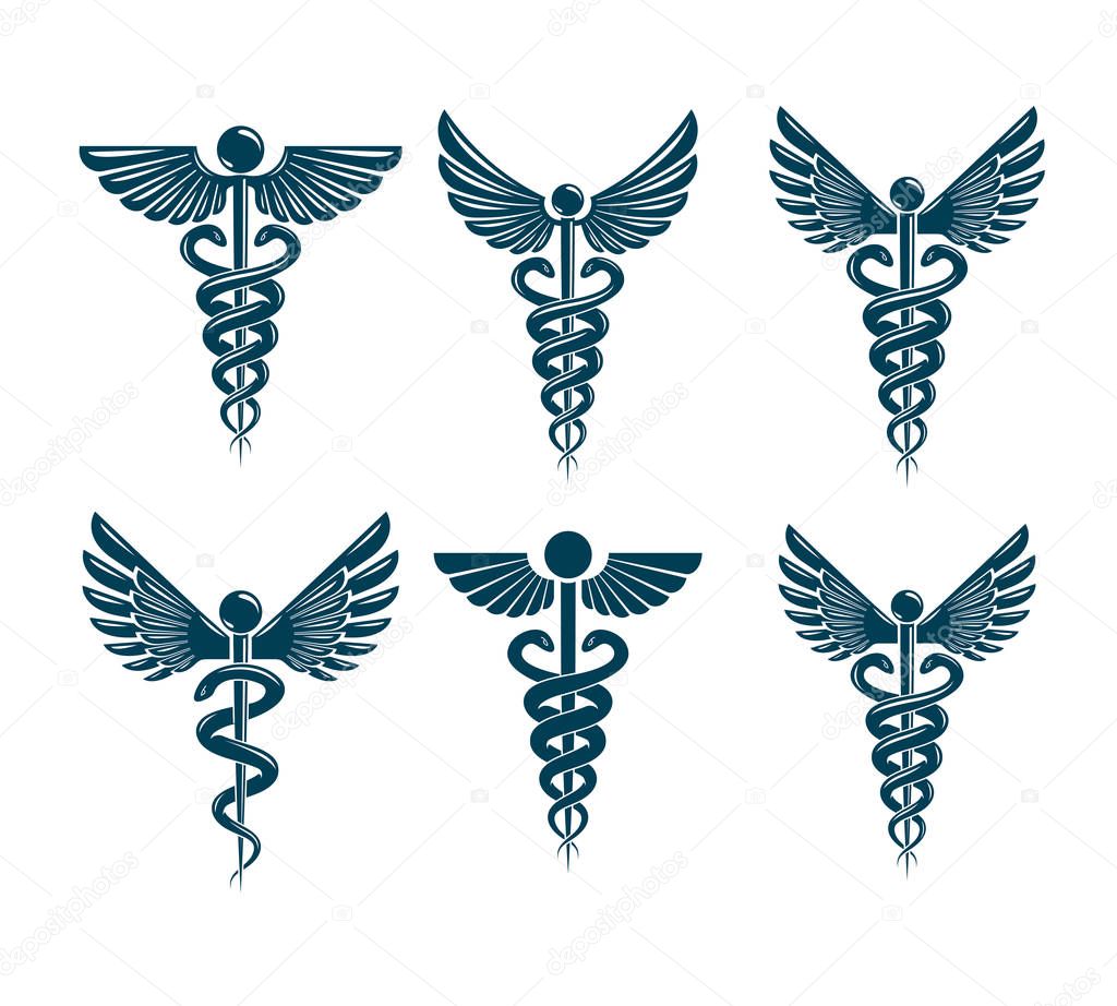 Set of Caduceus symbols with bird wings and snakes