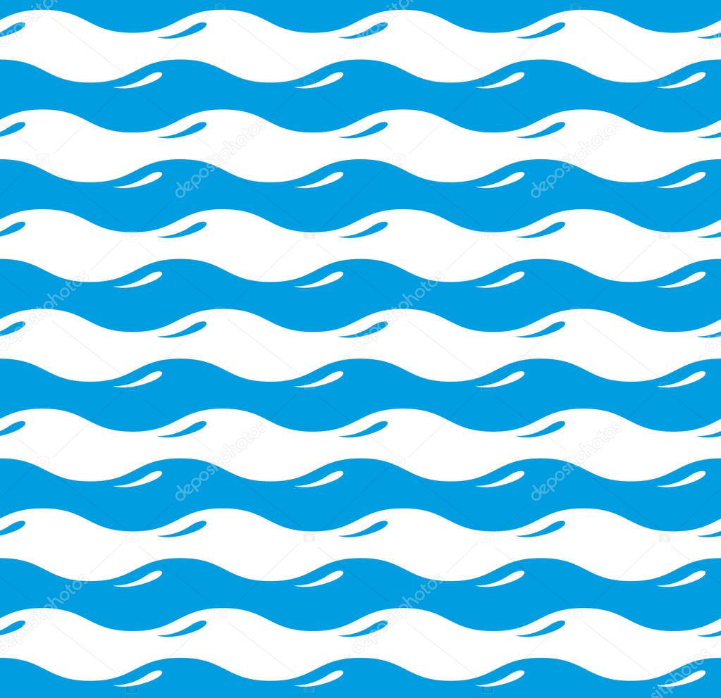 Blue waves seamless pattern, curves lines on white background