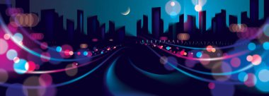 Sokak lambaları ve bulanık bokeh ışıkları ile büyük şehir gece hayatı geniş Panoraması.