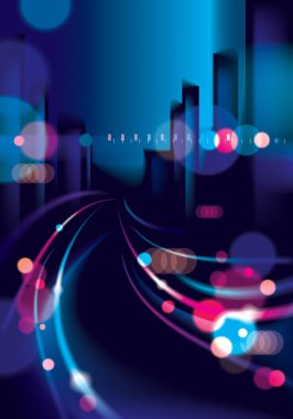 Sokak lambaları ve bulanık bokeh ışıkları ile büyük şehir gece hayatı.