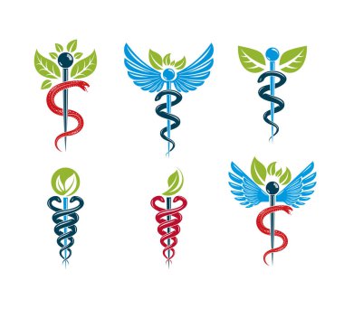 Yeşil yaprakları ve kuş kanatları kullanılmak üzere tıbbi tedavi ile oluşan caduceus sembolleri.