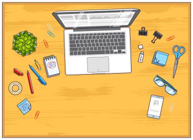 Dizüstü bilgisayar ve kopya alanı ile tabloda farklı ileti örneği nesneleri ile çalışma. 