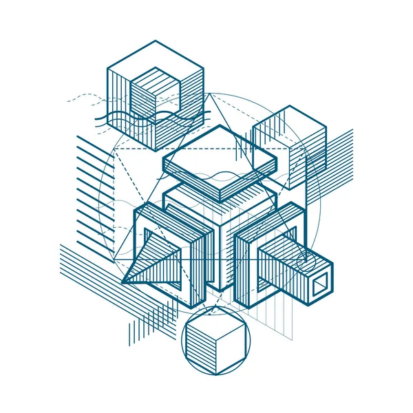 Diseño Cubos Hexágonos Cuadrados Rectángulos Diferentes Elementos Abstractos — Vector de stock