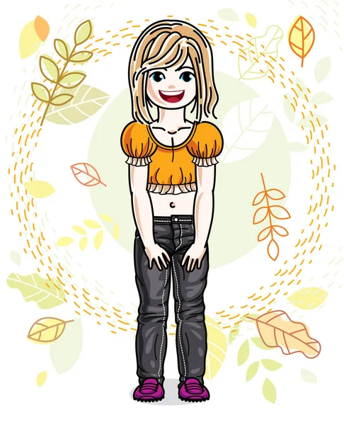 Cute Happy Little Blonde Girl Posing Background Autumn Landscape Wearing — Stock Vector