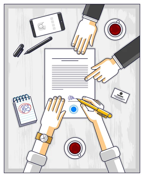 Homme Affaires Signe Document Papier Contractuel Employé Aide — Image vectorielle