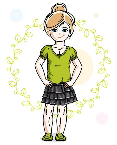 Kleine Blonde Meisje Modieuze Casual Kleding Poseren Groene Eco Achtergrond — Stockvector