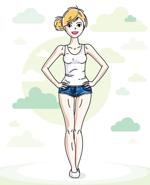 Glad Ung Blond Kvinna Poserar Bakgrund Med Blå Himlen Moln — Stock vektor