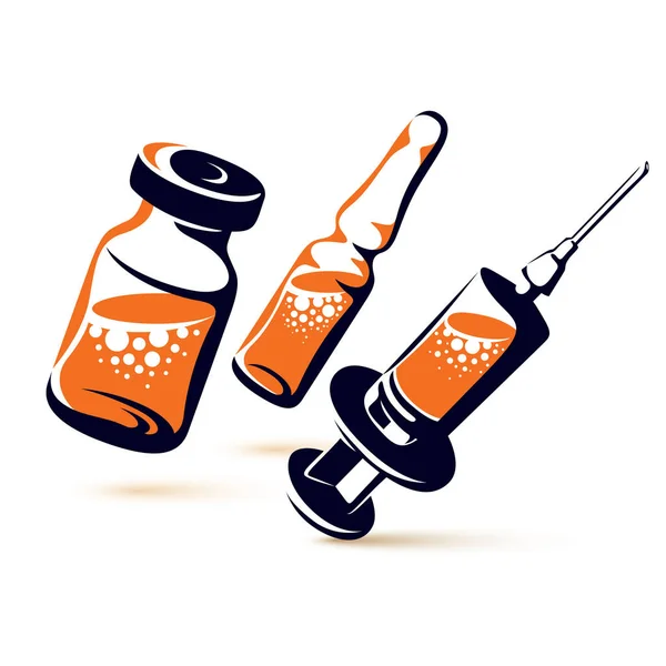 Vial Ampolla Con Medicamento Jeringa Para Preparaciones Inyectables — Vector de stock