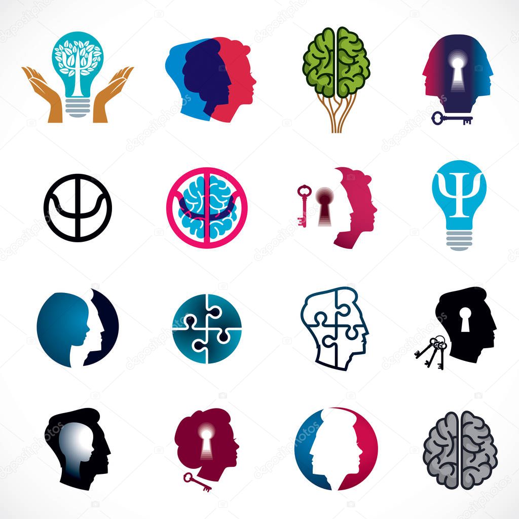 Conceptual icons set of psychology, brain and mental health.