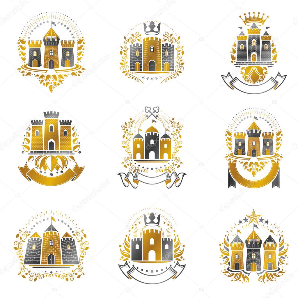 Ancient Citadels emblems set isolated on white background