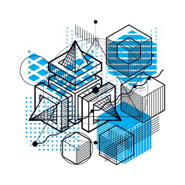 3B şekiller kompozisyon soyut, izometrik arka plan vektör. Kompozisyon küpleri, Altıgenler, kareler, dikdörtgenler ve farklı soyut öğeler.