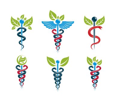 Aesculapius vektör soyut illüstrasyon koleksiyonu, tıbbi tedavi için yeşil yapraklar ve kuş kanatlarından oluşan Caduceus sembolleri.