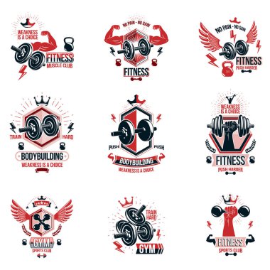 Vektör ağır yük güç kaldırma Tema Logotype ve el ilanları koleksiyonu dumbbells ile oluşturulan reklam, disk Ağırlık donatım ve güçlü adam vücut şekilleri spor.