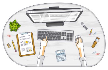 Ofis çalışanı ya da girişimci masası çalışma yeri elleri, bilgisayarı ve çeşitli kırtasiyeleri olan iş yeri, üst görünüm. Tüm elementleri ayrı ayrı kullanmak kolaydır. Vektör illüstrasyonu.