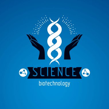 İnsan DNA'sı bir model bakmakta ellerini tutun. Biyomühendislik genetik, soyut yönünü olarak vektör bilimsel sembolü en iyi eğitim, bilim ve insanlık evrim araştırmalarda kullanılmak.