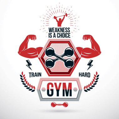 Vektör işareti kaslı sporcu kol ve fitness dumbbells ile oluşur. Bir seçim yazı zayıflıktır. Fitness Egzersiz ve halter spor salonu kavramsal amblemi