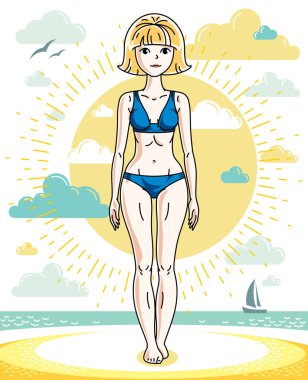 Tropik sahilde duran ve mavi mayosu vardı çekici sarışın genç kadın. Vektör illüstrasyon insan. Yaz tatil Tema.