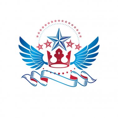 Kanatlı eski Star amblemi Imperial crown ve lüks kurdele ile süslenmiş. Hanedan vektör tasarım öğesi, 5 yıldız sembolü Ödülü. Retro tarzı etiket, Hanedanlık armaları logosu.
