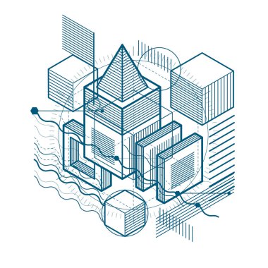 İzometrik doğrusal boyutlu şekillerle arka plan, 3d mesh elemanları vektör. Kompozisyon küpleri, Altıgenler, kareler, dikdörtgenler ve farklı soyut öğeler.