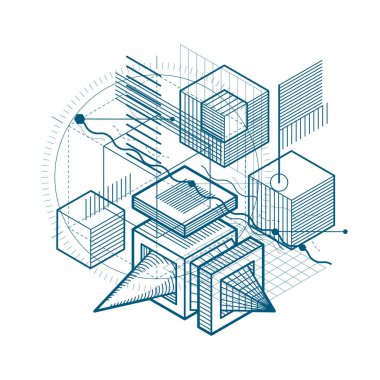 Soyut izometrik çizgiler ve şekiller ile vektör arka plan. Küpleri, Altıgenler, kareler, dikdörtgenler ve farklı soyut öğeler ile yapılan şablonu.