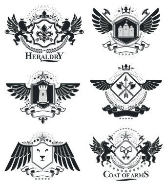 Hanedan işaretler, öğeleri, Hanedanlık armaları Amblemler, insignias, işaretler, vektörel çizimler. Klas kaliteli sembolik resimler koleksiyonu, vektör set.