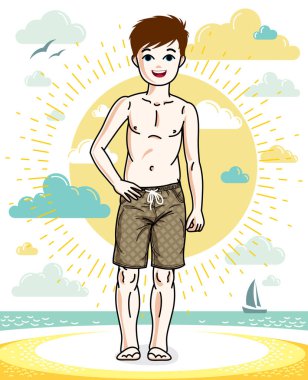 Güzel çocuk çocuk ayakta giyen şık plaj şort. Vektör çocuk çizim. Çocukluk yaşam tarzı çizgi film.