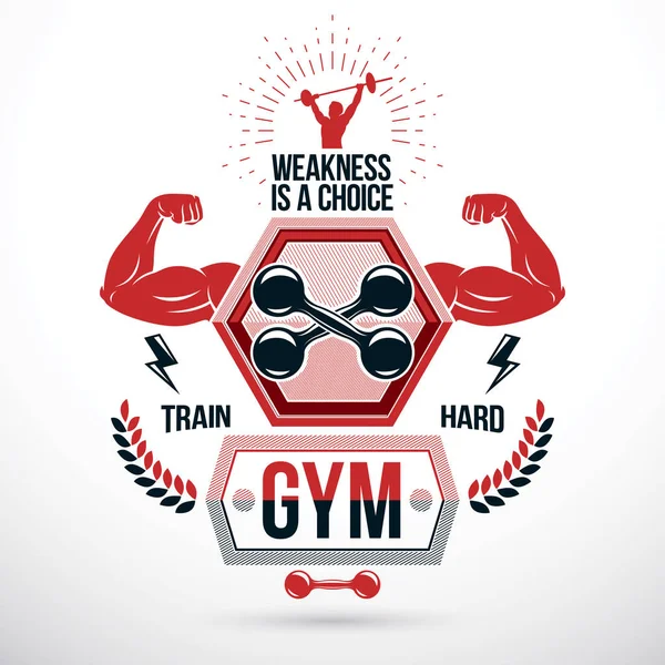 Vektör işareti kaslı sporcu kol ve fitness dumbbells ile oluşur. Bir seçim yazı zayıflıktır. Fitness Egzersiz ve halter spor salonu kavramsal amblemi