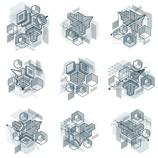 Abstrakte Isometrische Hintergründe Vektorlayout Kompositionen Aus Würfeln Sechsecken Quadraten Rechtecken — Stockvektor