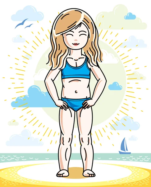 Malá Blondýnka Batole Slunné Pláži Nosit Plavky Vektorové Ilustrace Kid — Stockový vektor