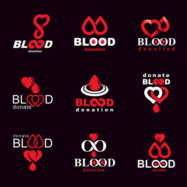 Vector illustrations created on blood donation theme, blood transfusion and circulation metaphor. Rehabilitation conceptual vector logotypes for use in pharmacology.