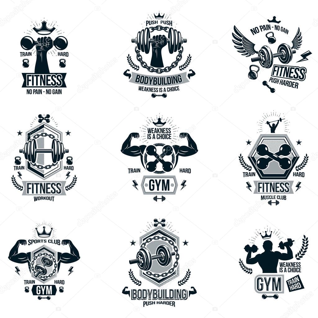 Set of vector heavy load theme symbols and advertising leaflets composed with dumbbells, kettle bells sport equipment and strong man body silhouettes.