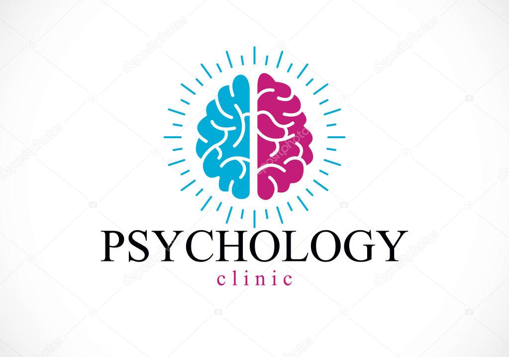 Human anatomical brain, mental health psychology conceptual logo or icon, psychoanalysis and psychotherapy concept. Vector simple classic design.