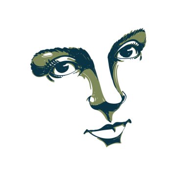 Siyah ve beyaz kadın yüz, hassas visage özellikleri Illustration. Gözler ve dudaklar olumlu duygular ifade bir kadının. Hassas melankolik huzurlu kız portresi.