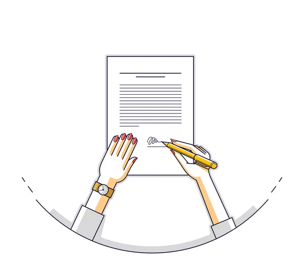 Femme Affaires Signe Contrat Document Papier Officiel Avec Sceau Femme — Image vectorielle