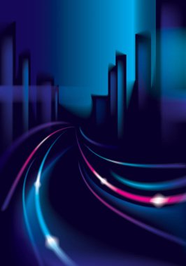 Hafif iz araçlar karayolu gece büyük şehirde. Etkisi vektör güzel arka plan. Cityscape, binalar siluetleri manzarası ile renkli koyu arka plan bulanıklık.