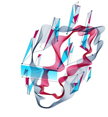 Noktalı parçacıklar insan portresi, soyut insan kafa vektör dalgası dizisi, Yapay Zeka, bilgisayar programlama yazılım arayüzü, dijital ruh.